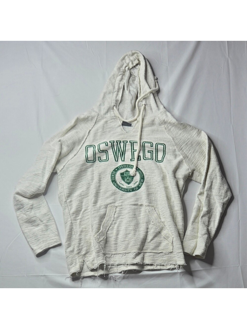 MV Sport Small White Oswego Hoodie Sweatshirt Distressed Hem Cotton Polyester